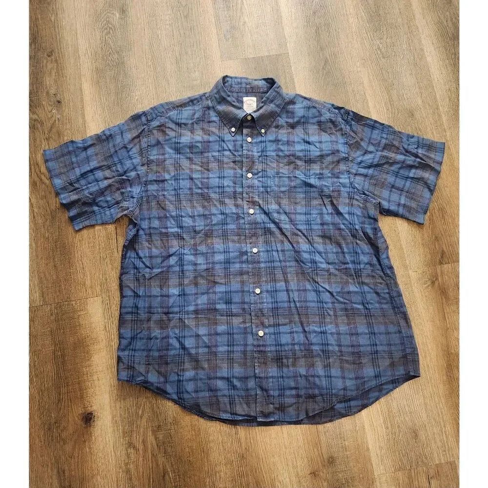 Brooks Brothers 100% Irish Linen plaid blue pocket shirt mens XL button up